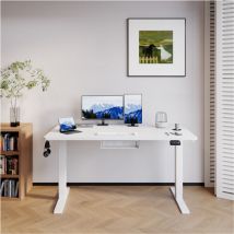 Devoko Table élévatrice de bureau réglable en hauteur, capacité de charge 70 kg, fonction mémoire à 2 niveaux, planches de bois épissées 140 cm blanc