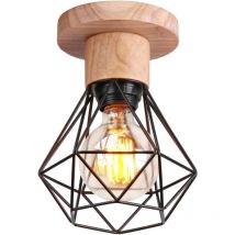 Wottes - Plafonnier Industrielle Vintage Lampe de Plafond Bois et Métal Luminaire Plafonnier Intérieur Noir E27 Ø15,5CM - 1Pcs