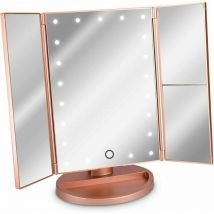 3-Sided led Lighted Standing Mirror - Folding Triptych Makeup Mirror on Stand with 2 x 3 Magnifying Effect - Battery or usb - Rose Gold