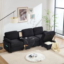 3-sitzer-sofa 266x136x82cm Mit Memory-schaum, Verschiebbarer Konsole Und Usb-c-anschluss, Schwarzer Cord