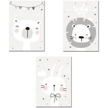 3 Tableau Bebe Garcon Posters Nordique Affiches Enfant Chambre Animaux Lion Ours Lapin Dessins Peinture sur Toile Decoration Murale Cadeaux (2130CM)