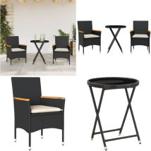 3-tlg. Bistro-Set mit Kissen Schwarz Poly Rattan und Glas - Gartentisch - Esstisch - Bistroset - Outdoor Möbel - Gartenmöbel - Home & Living