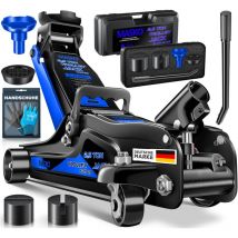 MASKO Martinetto idraulico per auto, Altezza di sollevamento piatta, 2x supporto in gomma, Guanti, Rulli idraulici a 360°, Sottocassa Blu / 2,5