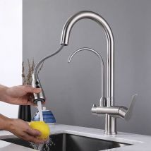Ymyny - 3-Wege-Küchenarmatur, ausziehbar, Doppelgriff, 360° schwenkbarer Küchenmischhahn, erhältlich mit heißem und kaltem Wasser, Silber