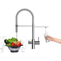 Vizio - 3 Wege Wasserhahn Kueche Spueltischarmatur Verchromt Kuechenarmatur mit Grau 360 schwenkbarem Auslauf und abnehmbare 2 strahl Handbrause