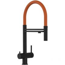 Vizio - 3 Wege Wasserhahn Küchenarmatur, Edelstahl Massiv mit 360° schwenkbarem Auslauf, abnehmbare 2 strahl Handbrause, pvd Schwarz Matt / Orange
