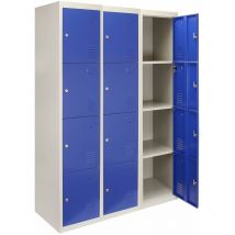 MonsterShop Lot de 3 casiers de rangement en métal à 4 portes en acier verrouillable Bleu et gris Ecole Gym Vestaire [Aimants gratuits] Livré à Plat