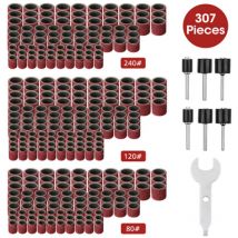 307-teiliges Schleiftrommel-Set, Schleiftrommel-Set für Bandschleifer - 300 Stück Schleifbänder (80/120/240) + 6 Stück Trommelspindeln für