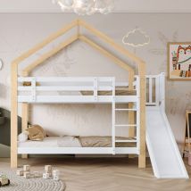 [30955960naa]etagenbett Mit Rutsche Und Dreistufiger Winkelaufstiegsleiter, Hausbett Mit Mit Absturzsicherung, Kinderbett, Bettrahmen Aus Massivholz, 