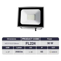 30W Kosoom led Faretto da esterno 147.5x113.5x29mm FL224X2PC、Impermeabile IP65、3100lm