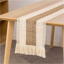 30x280 cm Chemin de Table en macramé, Chemin de Table à Manger Coton Naturel et Lin, décor de Table à Pompons en Dent au Crochet bohème