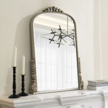 Shyfoy - 31.5in x 23.6in Vintage French Arched Silver-Gold Wall Mirror with Ornate Carved Frame - Decorative Accent for Living Room & Entryway