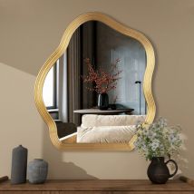 Shyfoy - 31.5in x 27.5in Modern Art Organic Wave Shaped Wall Mirror with Textured Gold Frame - Decorative Accent for Living Room & Entryway