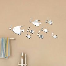 32 Pièces Sticker Mural poisson 3D, Acrylique Miroir Décalques Autocollant Miroir Sticker- Silver