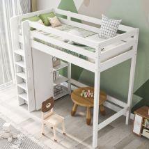 (=3320123AAW) Lit mezzanine enfant 90x200 cm, cadre de lit simple avec armoire et 6 étagères, blanc, matériau de haute qualité, facile à monter,