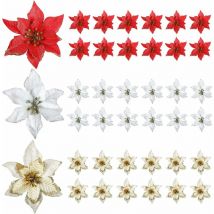 36 pcs Noël Poinsettia Ornement Faux Paillettes Fleur De Noël Ornement De Sapin De Noël, 15 cm