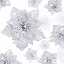 36 Pièces Fleurs de Poinsettia de Paillettes de Noël Fleurs Artificielles de Paillettes de Mariage Ornements de Nouvel an de Sapin de Noël(Argent,