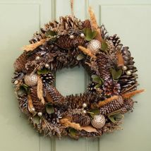 Festive Productions - 36cm Indoor Gold Leaf and Pinecone Traditional Christmas Wreath Door Decoration