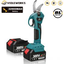 Tijera Corta Ramas Inalámbrica VIOLEWORKS 388VF 3000W Tijera Eléctrica 4 Velocidades con 2 Baterías Azul