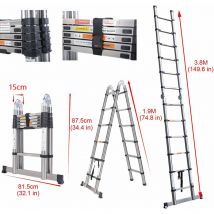 Dayplus - 3.8M Échelle télescopique échelle pliante avec stabilisateur, escabeau antidérapant 1.9M + 1.9M échelle en acier inoxydable de haute