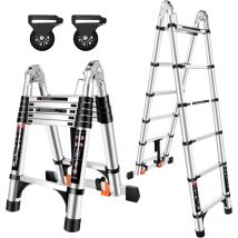 3.8M(1.9+1.9) Telescopic Ladder, Folding Ladder with Removable Pulley, Aluminum Telescopic Stepladder, Load 150kg