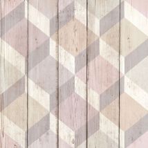 Grandeco - 3D Cube Wood Effect Geometric Wallpaper Wooden Panel Plank Board Copenhagen Pink