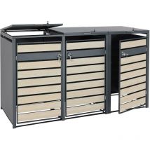 3er Mülltonnenverkleidung HHG-352, Mülltonnenbox, erweiterbar, Metall 82kg, anthrazit Buche-Holzoptik hellbraun