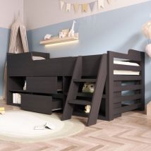 Modernluxe - 3ft Kids Low Loft Bed Frame Single Size Wooden Bed Mid Sleeper W/ladder - Large Storage Space - 90 X 190 Cm - Grey