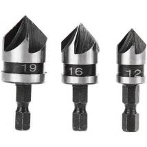 Ahlsen - 3pcs 90 Degree 5 Flute Countersink Bits Set For Wood, Metal Quick Change 1/4' Hex Carbon Steel Countersink Drill Bit Woodworking Chamfering