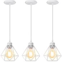 3PCS Lustre Suspension E27 16CM Cage Diamant en Métal Blanc Plafonnier Luminaire pour Couloir Escalier Chambre