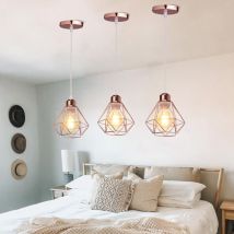 3PCS Lustre Suspension E27 16CM Cage Diamant en Métal Doré Rose Plafonnier Luminaire pour Couloir Escalier Chambre