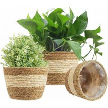3Pcs Panier De Jardinière en Jonc De Mer, 3 Taille Pot De Plante Tissé Couverture De Pots De Fleurs Panier De Rangement Conteneurs De Plantes pour La