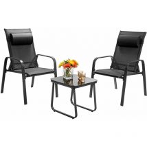 3PCS Patio Bistro Set Conversation Furniture Coffee Table and 2 Stackable Chair