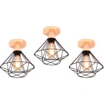 Axhup - 3PCS Plafonnier Industriel en Métal et Bois Design Rétro Luminaire pour Escalier Couloir Entrée Noir