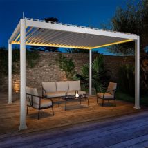 Sweeek - 3x4m Pérgola bioclimática de aluminio con iluminación led, Triomphe 3x4m led, Blanco, 391x301x250 cm