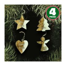 Bakaji - 4 Appendini Natale In Legno Ovatta Forma Stella Albero Angelo Cuore Con Scritta
