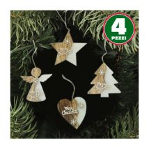 4 Appendini Natale In Legno Ovatta Forma Stella Albero Angelo Cuore Con Scritta