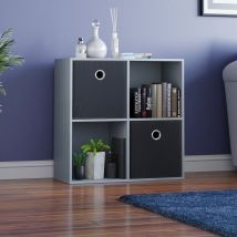 Durham 4 Cube Bookcase Shelf Wooden Display Storage Rack Free Standing Shelf Unit, Grey-2-Black-Baskets