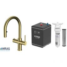 Hydros - 4 in 1 Instant Hot Water Kitchen Tap Swan Spout Brushed Brass Finish Scudo KoGE