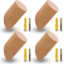 Memkey - Set of 4 Beech Coat Hooks, Wooden Coat Hooks, Wall Hooks with 4 Screws and Extension Tubes for Office, Kitchen, Home, Clothes (6 cm)