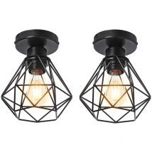 Plafonnier Industriel E27 Vintage Luminaire Suspension de Plafond Abat-jour Diamant Ø16CM pour Chambre Couloir Noir - 2Pcs