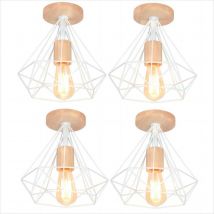 4 Piezas Retro Lámpara de Techo Industrial de Jaula Diamante E27 25cm Luz Interior de Metal y Madera para Pasillo Escaleras Salón Blanco