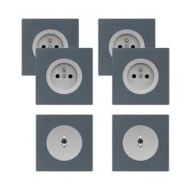 Fontini - 4 prises 2P+T + 2 va-et-vient alu glossy dom + 6 plaques simples blue grey