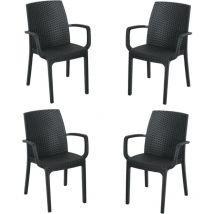 Savino Filippo - 4 Pz Poltrona sedia Indiana da pranzo in dura resina di plastica nera antracite impilabile con braccioli trama finto vimini