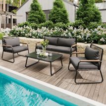 4-sitzer-gartenmöbel-set, Tischplatte Aus Gehärtetem Glas, Verstellbare Beine, Dunkelgrau