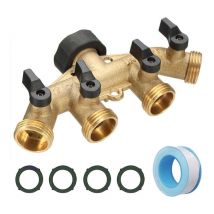 Sunxury - 4 Way Brass Hose Splitter, 3/4' Brass Hose Faucet Manifold, Garden Hose Adapter Connector