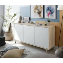 Mirakemueble - Buffet Moderne Avec 3 Portes Et Étagères, Buffet De Cuisine, Buffet Design De Salon, 154x40h75 Cm, Coloris Chêne Et Blanc