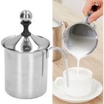 400ml manual milk frother, stainless steel double mesh, latte cappuccino coffee foam pitcher, with handle, lid, double layer filter