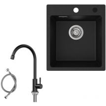 40×45cm Aufsatzwaschbecken Anthrazitschwarz Granitspüle mit Kaltwasser-Küchenarmatur Schwarz Hochdruck-Küchenhahn Höhe 273 mm
