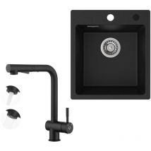 40×45cm Aufsatzwaschbecken Anthrazitschwarz Granitspüle mit Schwarz Ausziehbarer Küchenarmatur Niederdruck-Küchenarmatur Höhe 275 mm